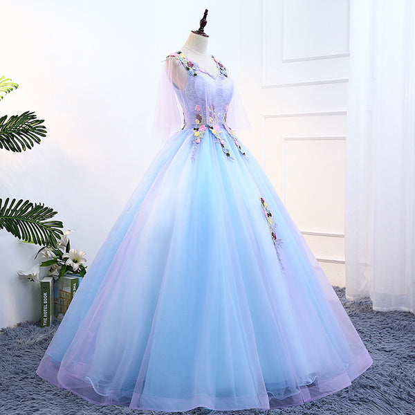 Gorgeous Stunning Sky Blue 3D Embroidery Floral Attractive Flowers V-neck Sleeveless Long Tutu Ball Party Dress