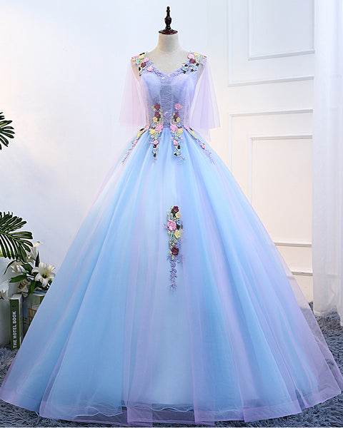 Gorgeous Stunning Sky Blue 3D Embroidery Floral Attractive Flowers V-neck Sleeveless Long Tutu Ball Party Dress
