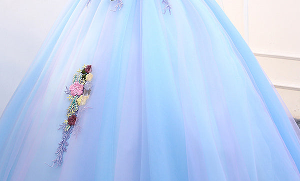 Gorgeous Stunning Sky Blue 3D Embroidery Floral Attractive Flowers V-neck Sleeveless Long Tutu Ball Party Dress
