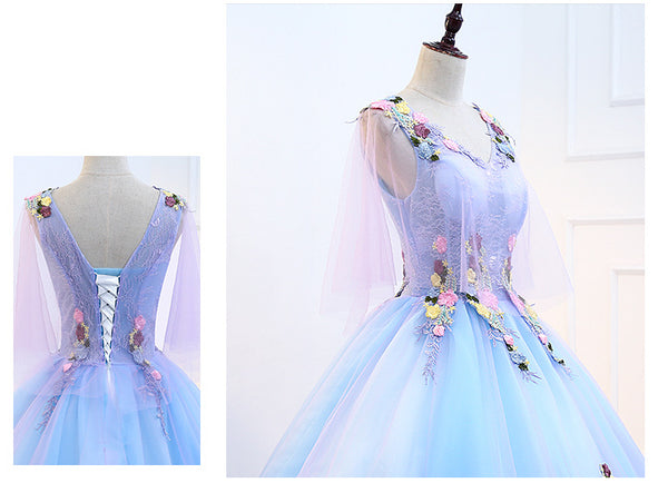 Gorgeous Stunning Sky Blue 3D Embroidery Floral Attractive Flowers V-neck Sleeveless Long Tutu Ball Party Dress