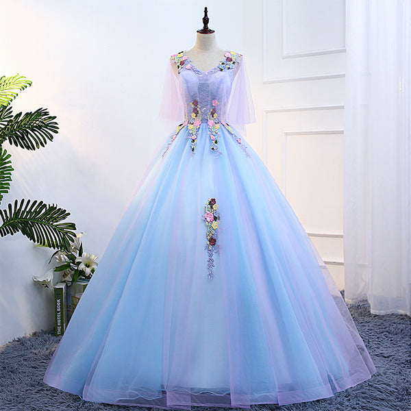 Gorgeous Stunning Sky Blue 3D Embroidery Floral Attractive Flowers V-neck Sleeveless Long Tutu Ball Party Dress