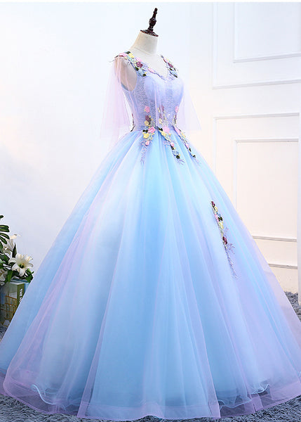Gorgeous Stunning Sky Blue 3D Embroidery Floral Attractive Flowers V-neck Sleeveless Long Tutu Ball Party Dress