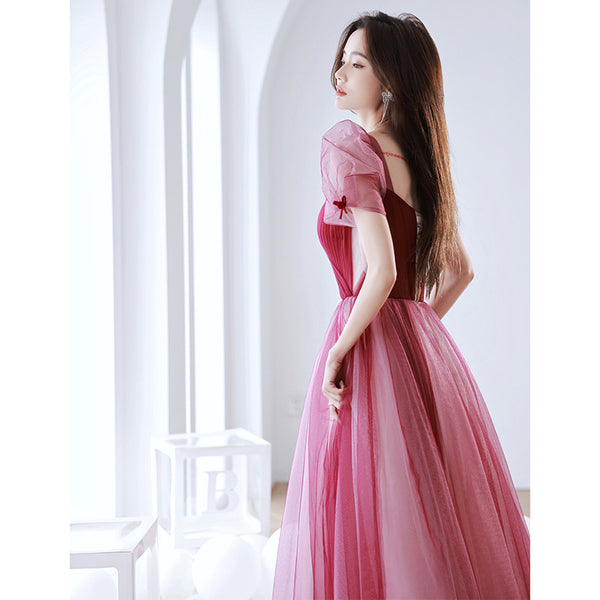 Elegant Temperament Red Puff Sleeves Sweetheart Princess Dress Banquet Bride Evening Party Prom Tulle Dress