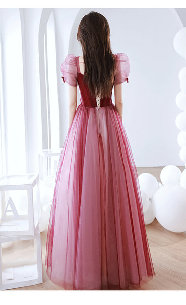 Elegant Temperament Red Puff Sleeves Sweetheart Princess Dress Banquet Bride Evening Party Prom Tulle Dress