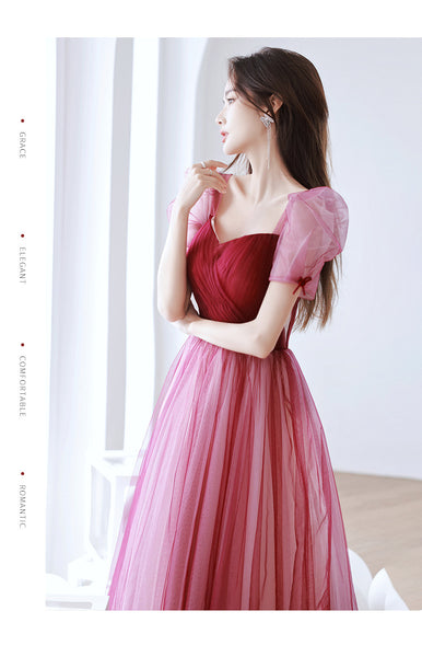 Elegant Temperament Red Puff Sleeves Sweetheart Princess Dress Banquet Bride Evening Party Prom Tulle Dress