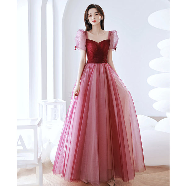 Elegant Temperament Red Puff Sleeves Sweetheart Princess Dress Banquet Bride Evening Party Prom Tulle Dress