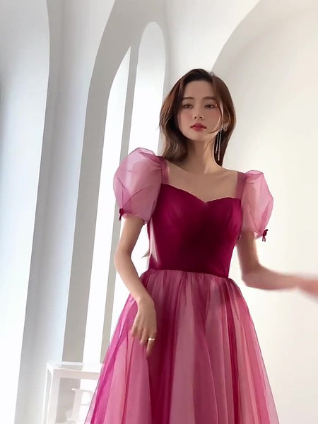 Elegant Temperament Red Puff Sleeves Sweetheart Princess Dress Banquet Bride Evening Party Prom Tulle Dress