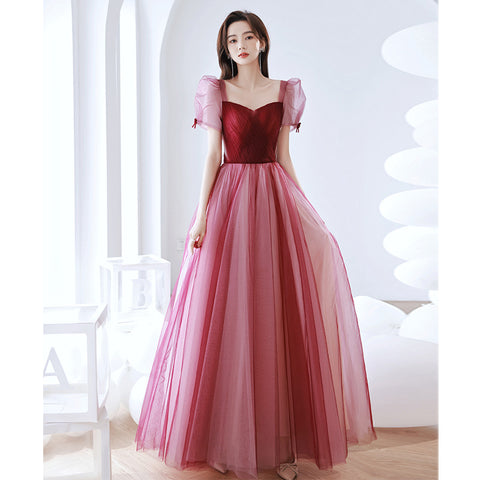 Elegant Temperament Red Puff Sleeves Sweetheart Princess Dress Banquet Bride Evening Party Prom Tulle Dress