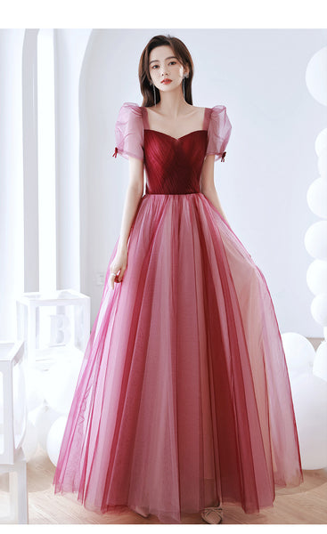 Elegant Temperament Red Puff Sleeves Sweetheart Princess Dress Banquet Bride Evening Party Prom Tulle Dress