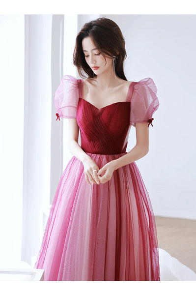 Elegant Temperament Red Puff Sleeves Sweetheart Princess Dress Banquet Bride Evening Party Prom Tulle Dress