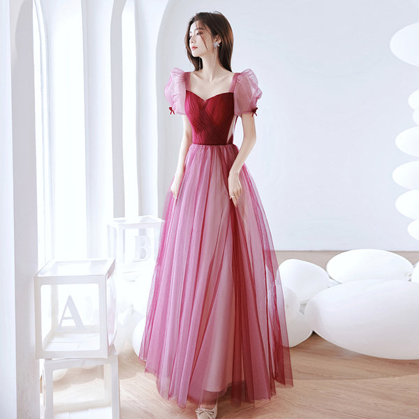 Elegant Temperament Red Puff Sleeves Sweetheart Princess Dress Banquet Bride Evening Party Prom Tulle Dress