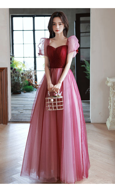 Elegant Temperament Red Puff Sleeves Sweetheart Princess Dress Banquet Bride Evening Party Prom Tulle Dress