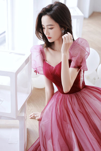 Elegant Temperament Red Puff Sleeves Sweetheart Princess Dress Banquet Bride Evening Party Prom Tulle Dress