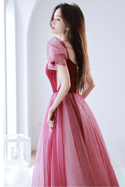 Elegant Temperament Red Puff Sleeves Sweetheart Princess Dress Banquet Bride Evening Party Prom Tulle Dress