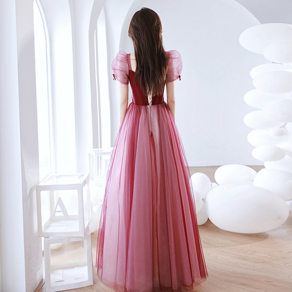 Elegant Temperament Red Puff Sleeves Sweetheart Princess Dress Banquet Bride Evening Party Prom Tulle Dress