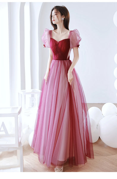 Elegant Temperament Red Puff Sleeves Sweetheart Princess Dress Banquet Bride Evening Party Prom Tulle Dress