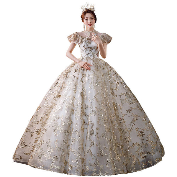 Summer Starry Sky Woman High Waist Short Sleeves Pleated Shoulder Polo Collar Bride Palace Style Embroidery Floral Dress