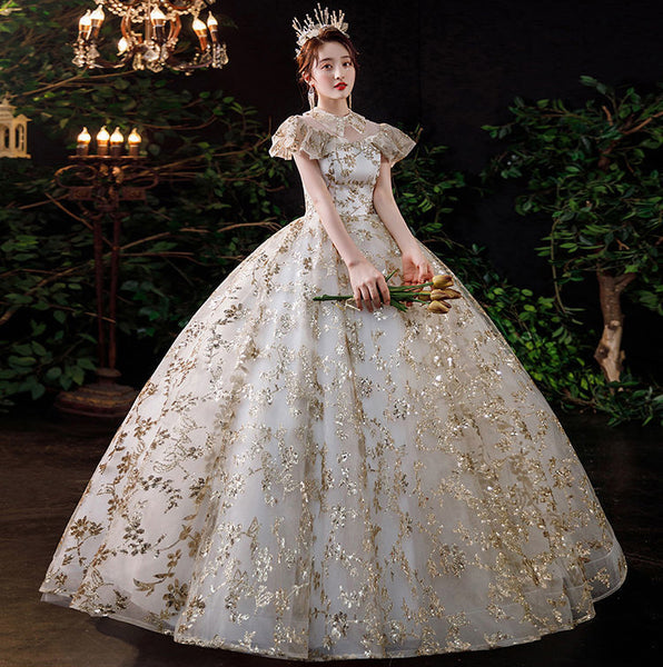 Summer Starry Sky Woman High Waist Short Sleeves Pleated Shoulder Polo Collar Bride Palace Style Embroidery Floral Dress