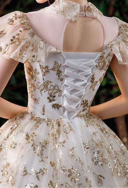 Summer Starry Sky Woman High Waist Short Sleeves Pleated Shoulder Polo Collar Bride Palace Style Embroidery Floral Dress