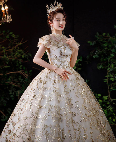 Summer Starry Sky Woman High Waist Short Sleeves Pleated Shoulder Polo Collar Bride Palace Style Embroidery Floral Dress