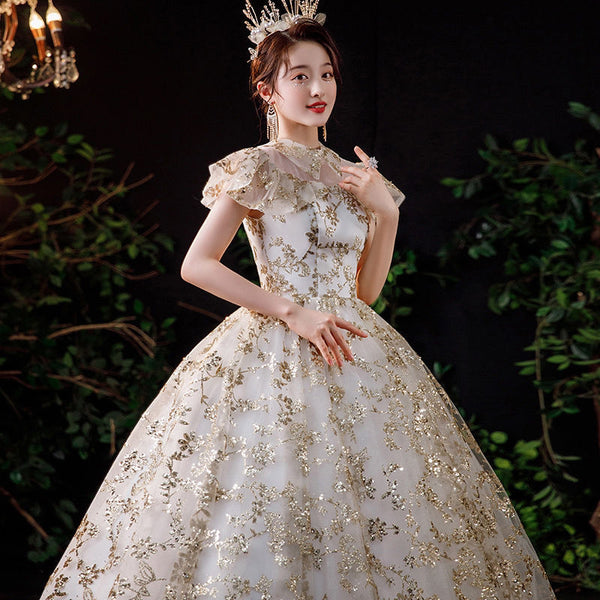 Summer Starry Sky Woman High Waist Short Sleeves Pleated Shoulder Polo Collar Bride Palace Style Embroidery Floral Dress