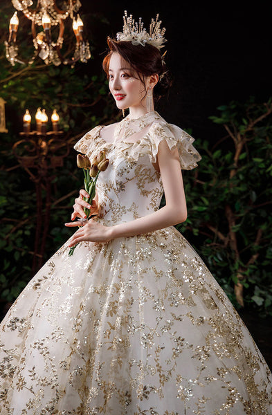 Summer Starry Sky Woman High Waist Short Sleeves Pleated Shoulder Polo Collar Bride Palace Style Embroidery Floral Dress