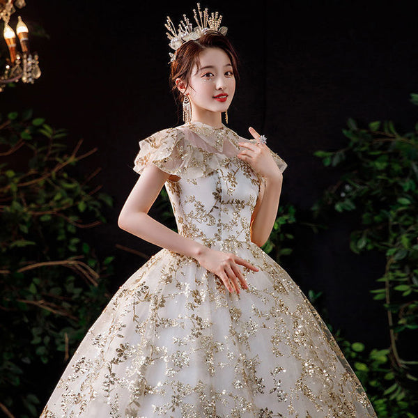 Summer Starry Sky Woman High Waist Short Sleeves Pleated Shoulder Polo Collar Bride Palace Style Embroidery Floral Dress