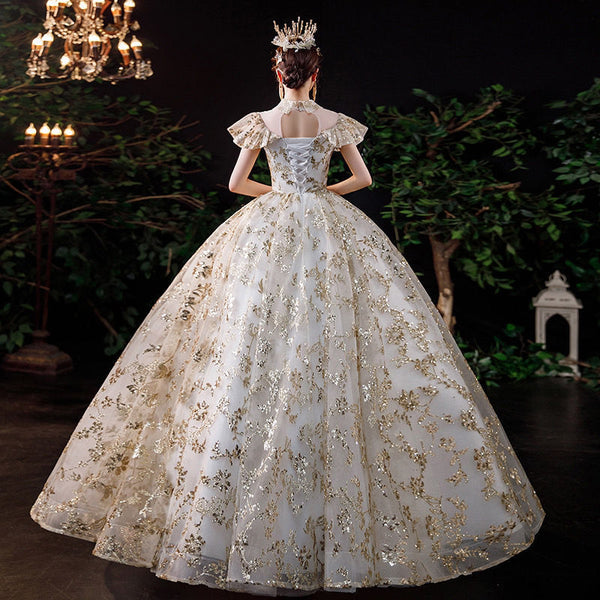 Summer Starry Sky Woman High Waist Short Sleeves Pleated Shoulder Polo Collar Bride Palace Style Embroidery Floral Dress