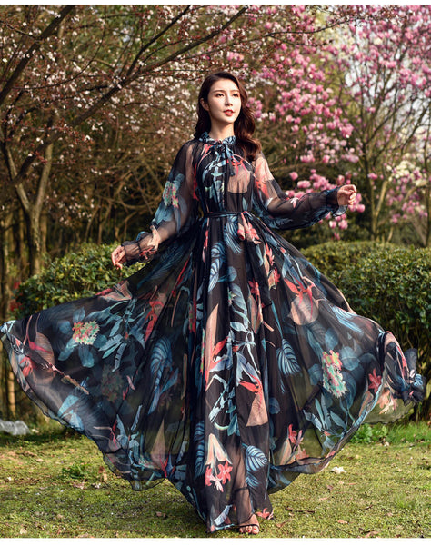 Fairy Summer Vacation Beach Large Size Oversized Bow Tie Long Sleeve Floral Printed Skirt Chiffon Maxi Dress