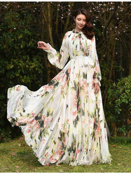 Fairy Summer Vacation Beach Large Size Oversized Bow Tie Long Sleeve Floral Printed Skirt Chiffon Maxi Dress