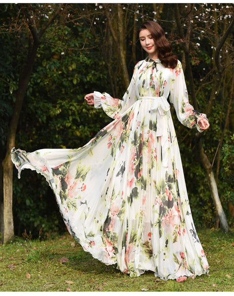 Fairy Summer Vacation Beach Large Size Oversized Bow Tie Long Sleeve Floral Printed Skirt Chiffon Maxi Dress