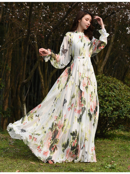 Fairy Summer Vacation Beach Large Size Oversized Bow Tie Long Sleeve Floral Printed Skirt Chiffon Maxi Dress