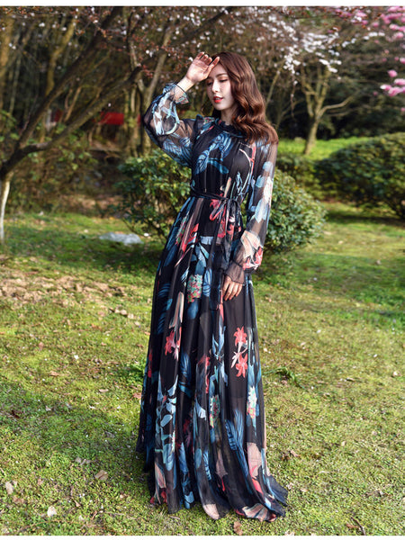 Fairy Summer Vacation Beach Large Size Oversized Bow Tie Long Sleeve Floral Printed Skirt Chiffon Maxi Dress