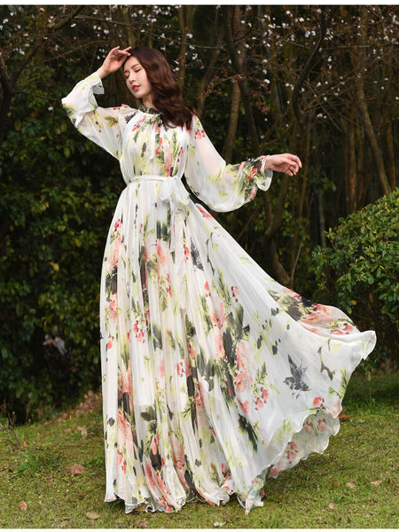 Fairy Summer Vacation Beach Large Size Oversized Bow Tie Long Sleeve Floral Printed Skirt Chiffon Maxi Dress