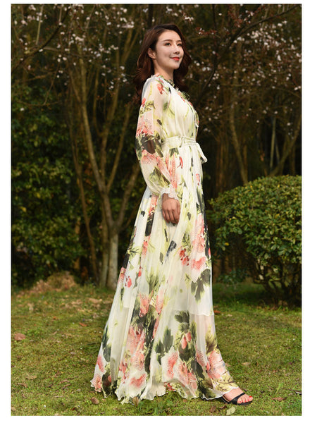 Fairy Summer Vacation Beach Large Size Oversized Bow Tie Long Sleeve Floral Printed Skirt Chiffon Maxi Dress