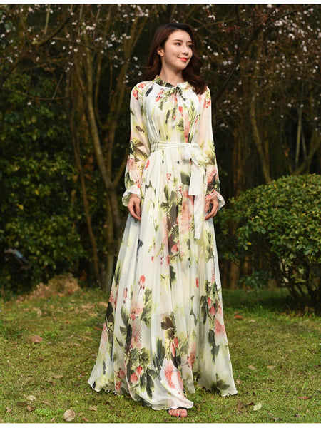 Fairy Summer Vacation Beach Large Size Oversized Bow Tie Long Sleeve Floral Printed Skirt Chiffon Maxi Dress