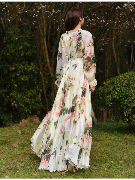 Fairy Summer Vacation Beach Large Size Oversized Bow Tie Long Sleeve Floral Printed Skirt Chiffon Maxi Dress