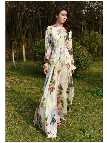 Fairy Summer Vacation Beach Large Size Oversized Bow Tie Long Sleeve Floral Printed Skirt Chiffon Maxi Dress