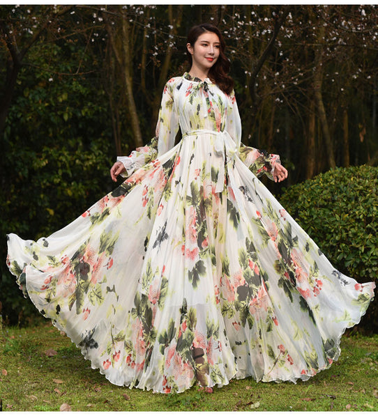 Fairy Summer Vacation Beach Large Size Oversized Bow Tie Long Sleeve Floral Printed Skirt Chiffon Maxi Dress