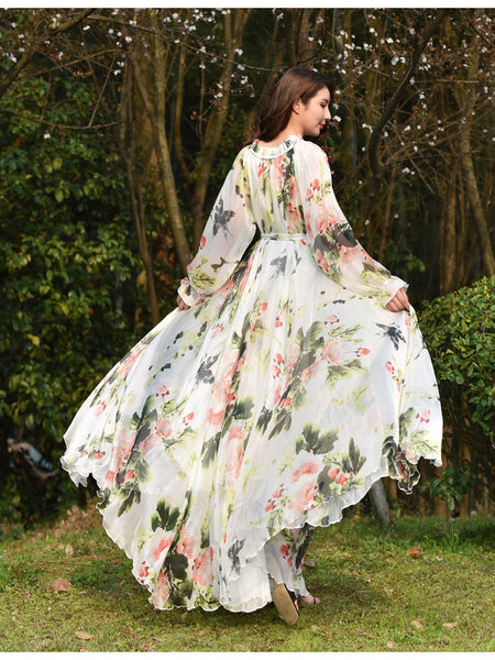 Fairy Summer Vacation Beach Large Size Oversized Bow Tie Long Sleeve Floral Printed Skirt Chiffon Maxi Dress