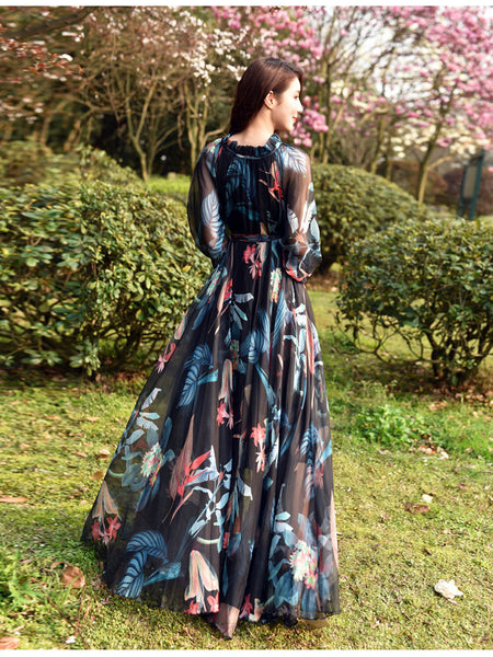 Fairy Summer Vacation Beach Large Size Oversized Bow Tie Long Sleeve Floral Printed Skirt Chiffon Maxi Dress