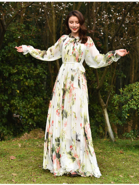 Fairy Summer Vacation Beach Large Size Oversized Bow Tie Long Sleeve Floral Printed Skirt Chiffon Maxi Dress