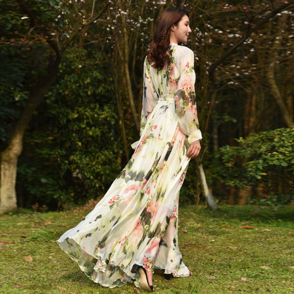 Fairy Summer Vacation Beach Large Size Oversized Bow Tie Long Sleeve Floral Printed Skirt Chiffon Maxi Dress