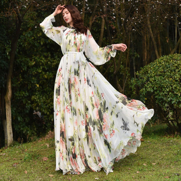 Fairy Summer Vacation Beach Large Size Oversized Bow Tie Long Sleeve Floral Printed Skirt Chiffon Maxi Dress