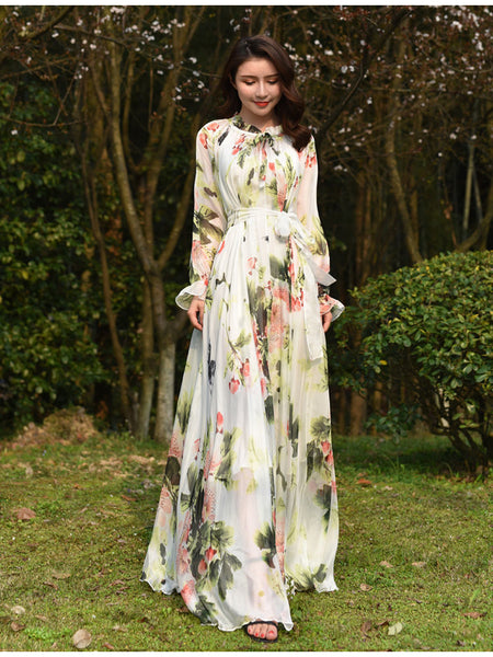 Fairy Summer Vacation Beach Large Size Oversized Bow Tie Long Sleeve Floral Printed Skirt Chiffon Maxi Dress
