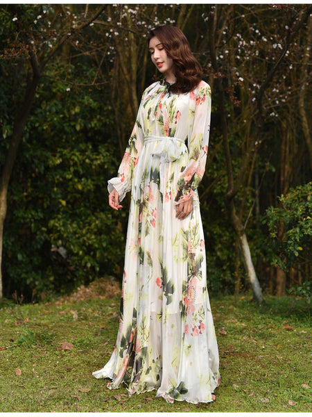 Fairy Summer Vacation Beach Large Size Oversized Bow Tie Long Sleeve Floral Printed Skirt Chiffon Maxi Dress