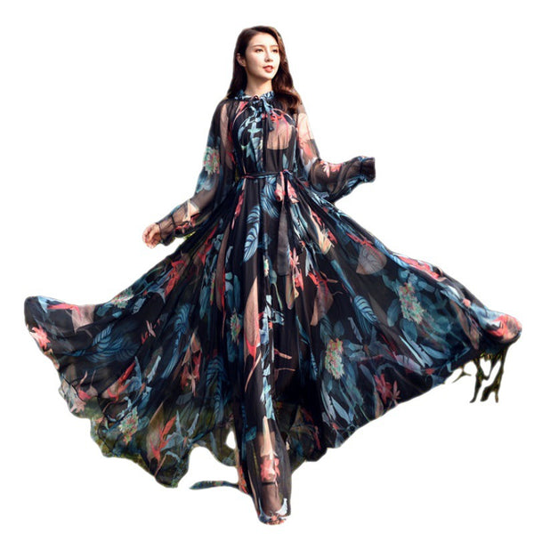 Fairy Summer Vacation Beach Large Size Oversized Bow Tie Long Sleeve Floral Printed Skirt Chiffon Maxi Dress