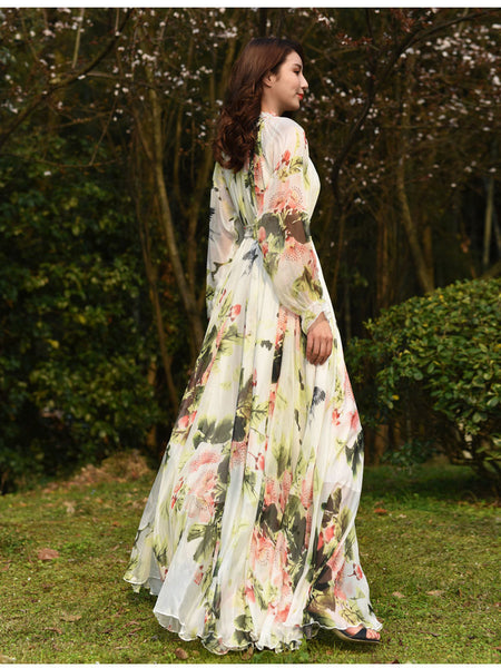 Fairy Summer Vacation Beach Large Size Oversized Bow Tie Long Sleeve Floral Printed Skirt Chiffon Maxi Dress
