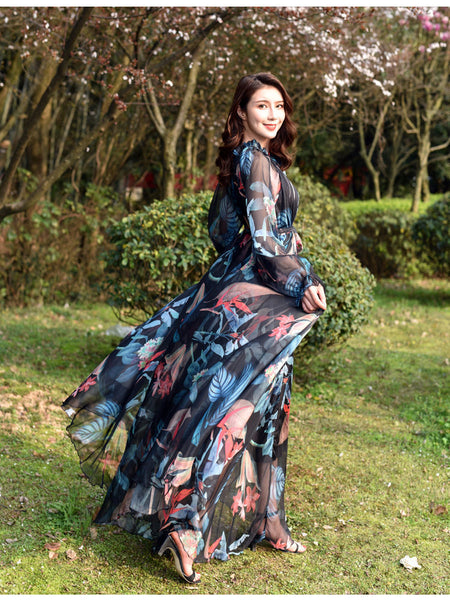 Fairy Summer Vacation Beach Large Size Oversized Bow Tie Long Sleeve Floral Printed Skirt Chiffon Maxi Dress