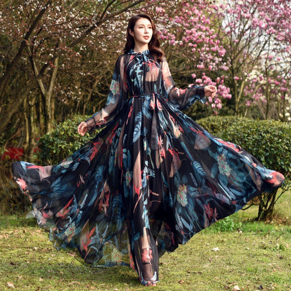 Fairy Summer Vacation Beach Large Size Oversized Bow Tie Long Sleeve Floral Printed Skirt Chiffon Maxi Dress